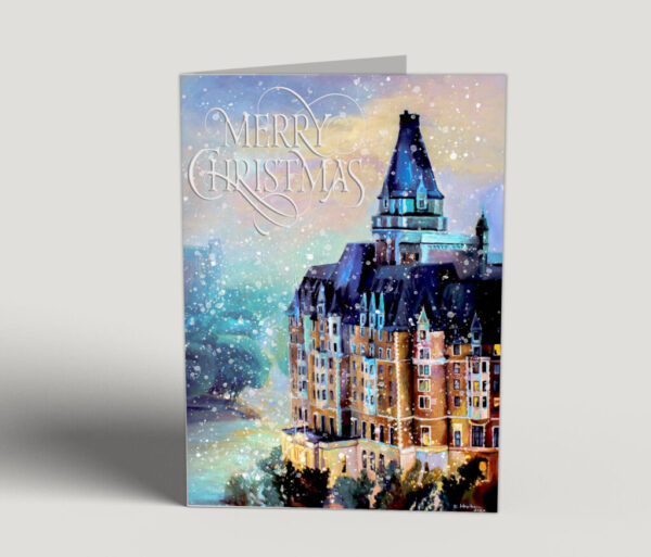 First Snow is a handmade greeting card featuring the Bessborough in Saskatoon.