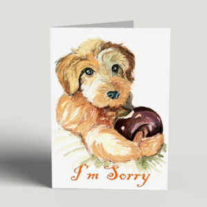I'm Sorry is a greeting card with a puppy who ate a donut. It is very cute. An original watercolor puppy card perfect to give to a friend as an apology.