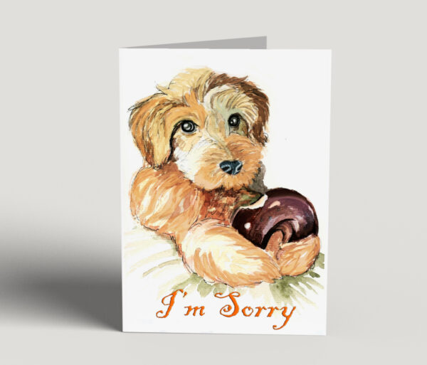 I'm Sorry is a greeting card with a puppy who ate a donut. It is very cute. An original watercolor puppy card perfect to give to a friend as an apology.