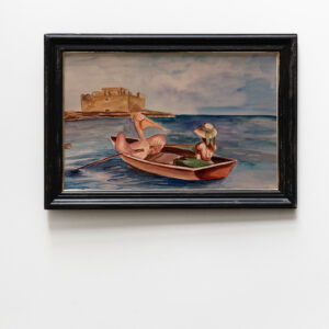 Rowing Koko is a surreal watercolor painting of a pelican and a girl in a boat by Medieval castle Paphos on the Paphos harbour in Cyprus.