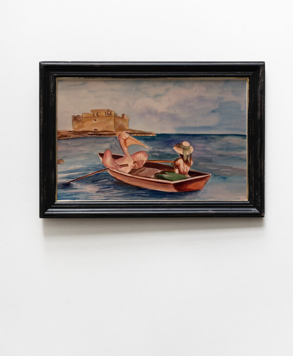 Rowing Koko is a surreal watercolor painting of a pelican and a girl in a boat by Medieval castle Paphos on the Paphos harbour in Cyprus.