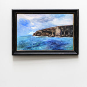 The Cliff is a beautiful watercolor painting of the Mediterannean sea . Elena Movileanu is an artist based in Saskatoon who paints landscapes, portraits and still life . The Cliff is a beautiful blue watercolor that inspires relaxation, tranquillity and calm.