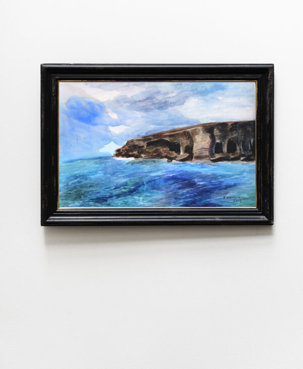 The Cliff is a beautiful watercolor painting of the Mediterannean sea . Elena Movileanu is an artist based in Saskatoon who paints landscapes, portraits and still life . The Cliff is a beautiful blue watercolor that inspires relaxation, tranquillity and calm.