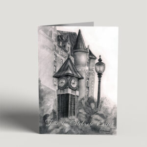 Time to Celebrate Easter is a greeting card print using the original artwork of Elena Movileanu, artist based in Saskatoon, Saskatchewan, Canada. This card features a graphite drawing of the Delta Bessborough Hotel in Saskatoon. You can purchase this greeting card at Surreal Verve.com