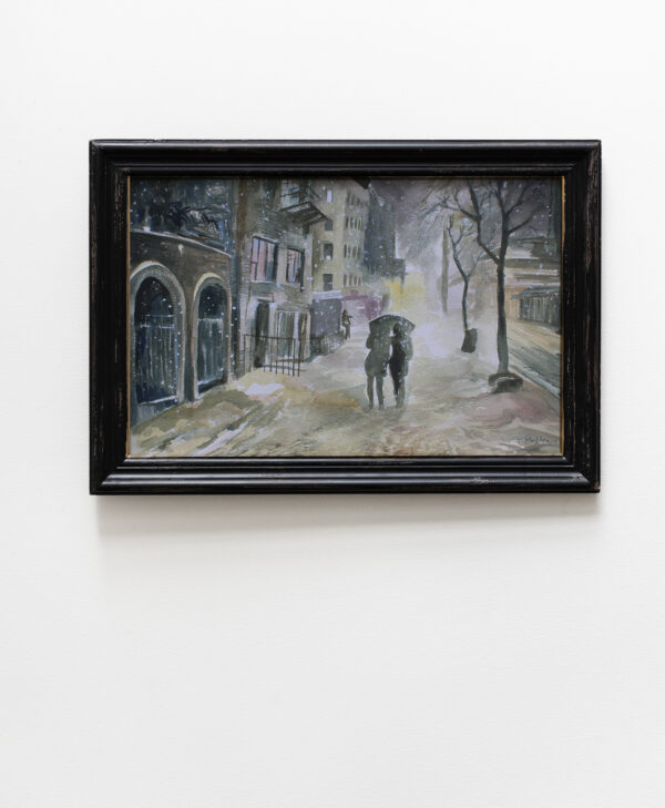Winter Romance is a watercolor painting with street view and falling snow. Two lovers are taking a stroll sharing an umbrella.