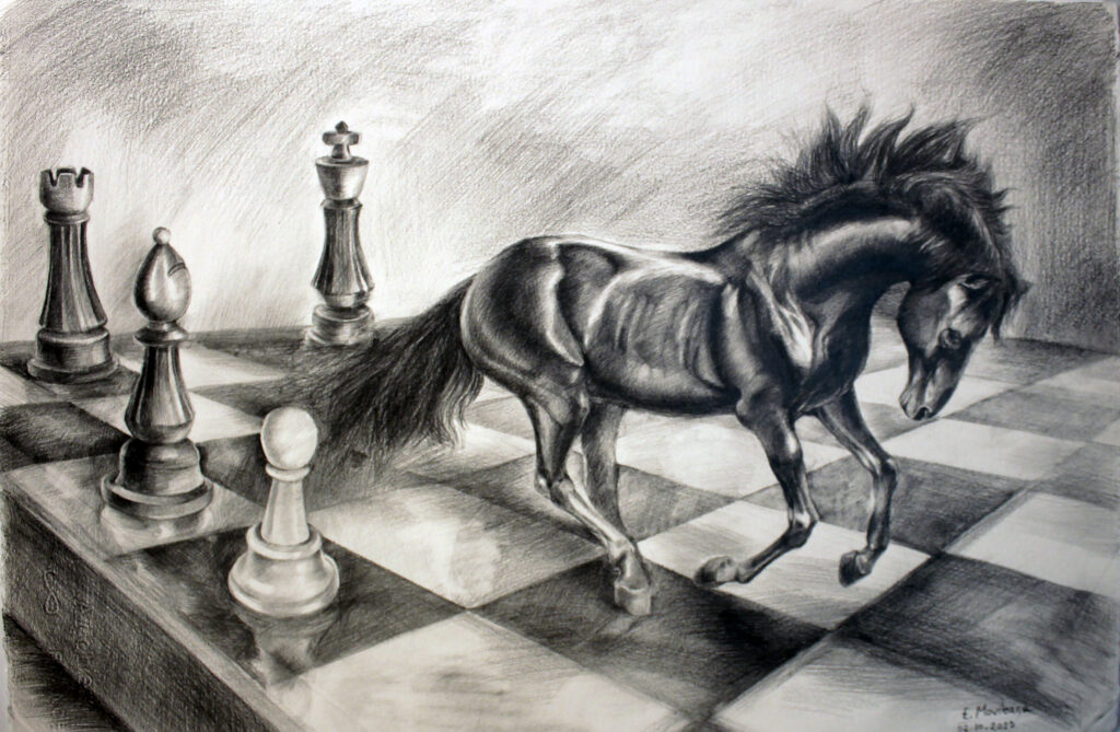 knight chess piece symbolism: The knight's unpredictable movement may metaphorically represent the chaotic and non-linear workings of the subconscious mind, a subject deeply explored by Modern Surrealism. E. Movileanu is a contemporary artist based in Saskatoon, Canada.